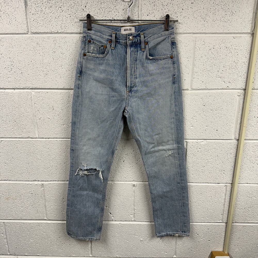 Agolde Size 24 Riley High Rise Straight Crop Button Fly Distressed Cotton USA